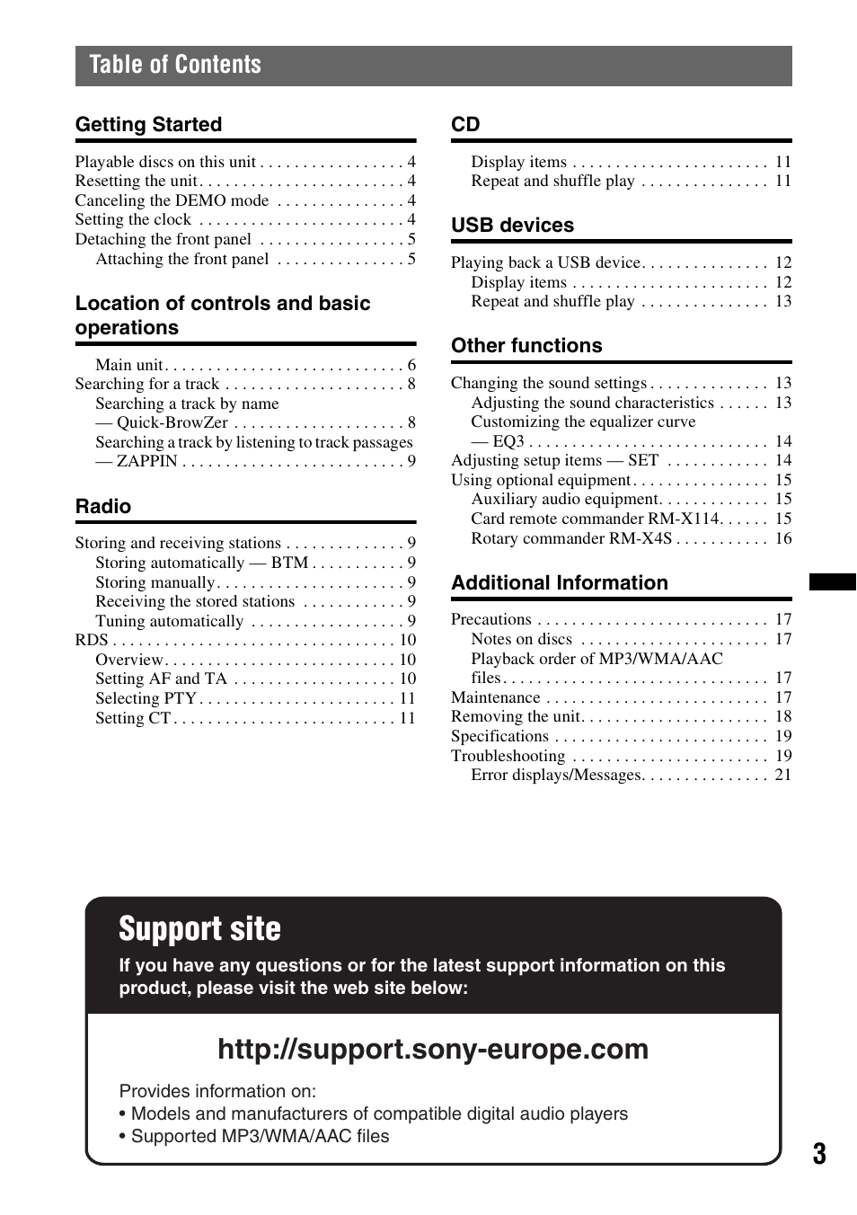 Sony CDX-GT434U User Manual | Page 3 / 112