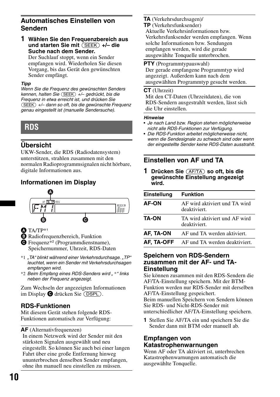 Automatisches einstellen von sendern, Übersicht, Einstellen von af und ta | Übersicht einstellen von af und ta, Seite 10 | Sony CDX-GT434U User Manual | Page 30 / 112