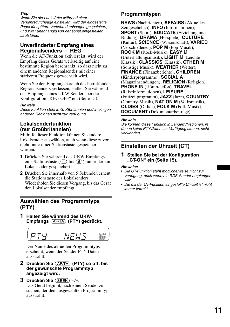 Auswählen des programmtyps (pty), Einstellen der uhrzeit (ct), Seite 11) | Sony CDX-GT434U User Manual | Page 31 / 112