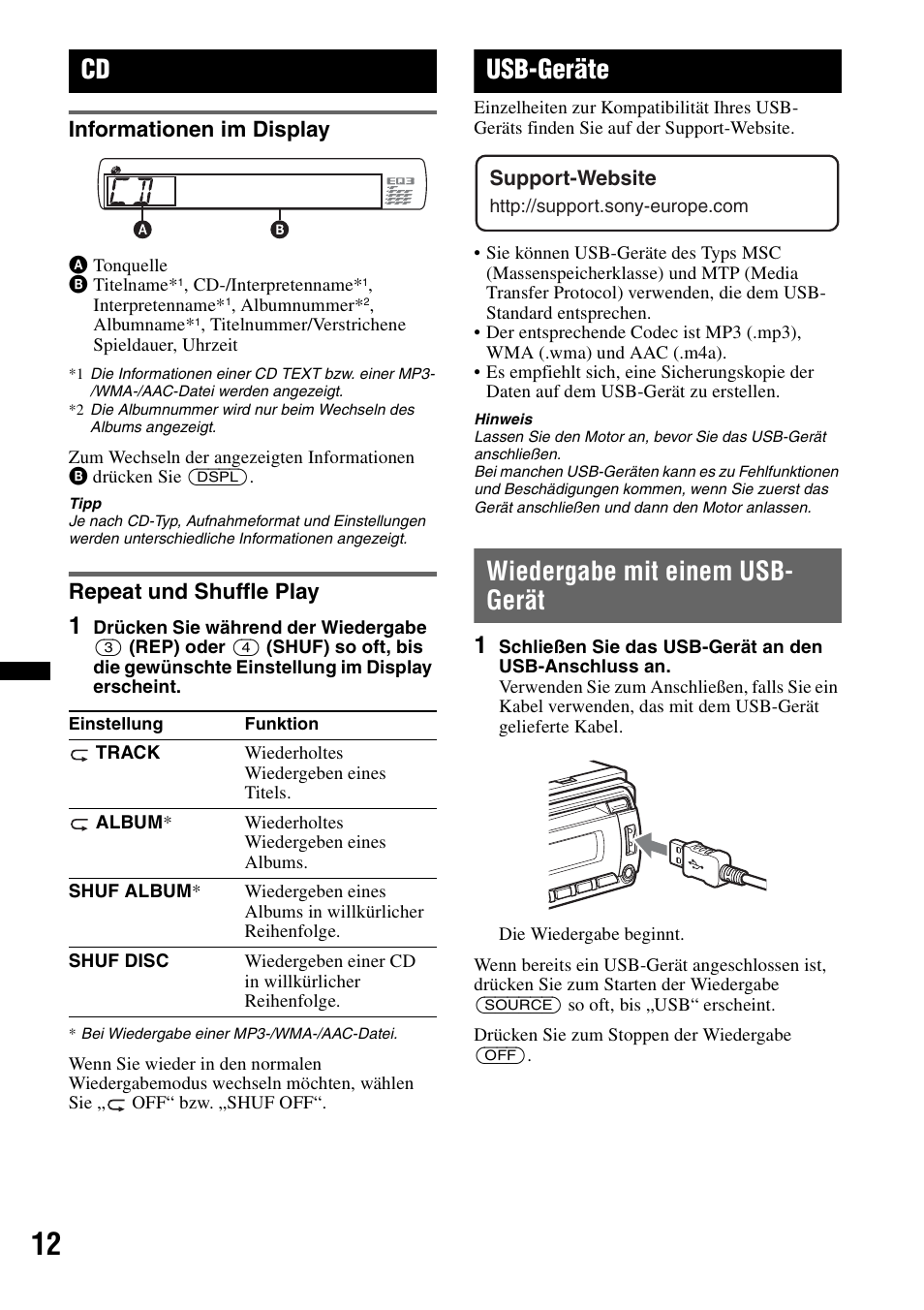 Informationen im display, Repeat und shuffle play, Usb-geräte | Wiedergabe mit einem usb- gerät, Informationen im display repeat und shuffle play, Wiedergabe mit einem usb-gerät, R „usb-geräte“ auf seite 12, Seite 12, Ep seite 12 | Sony CDX-GT434U User Manual | Page 32 / 112