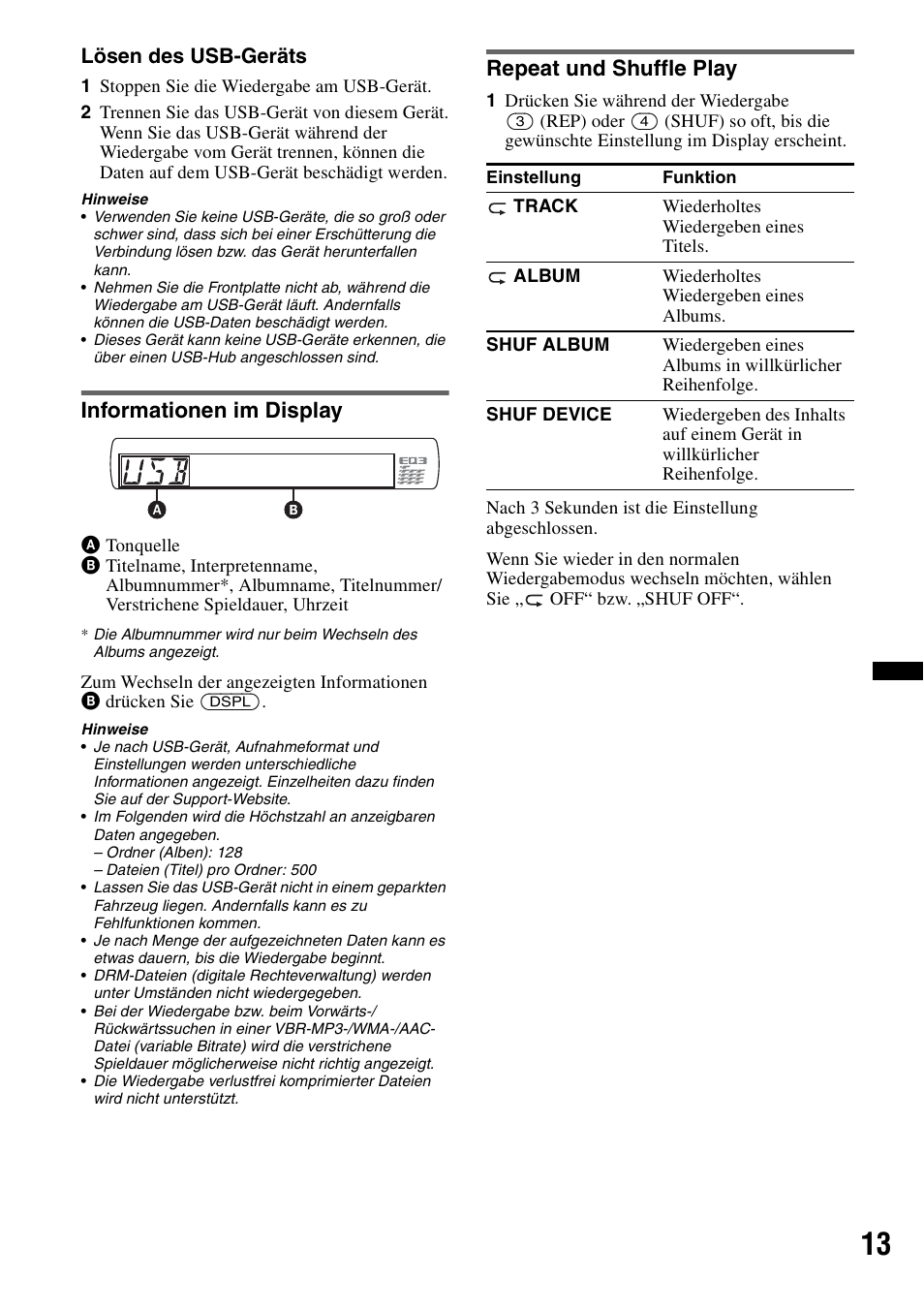 Informationen im display, Repeat und shuffle play, Informationen im display repeat und shuffle play | Sony CDX-GT434U User Manual | Page 33 / 112