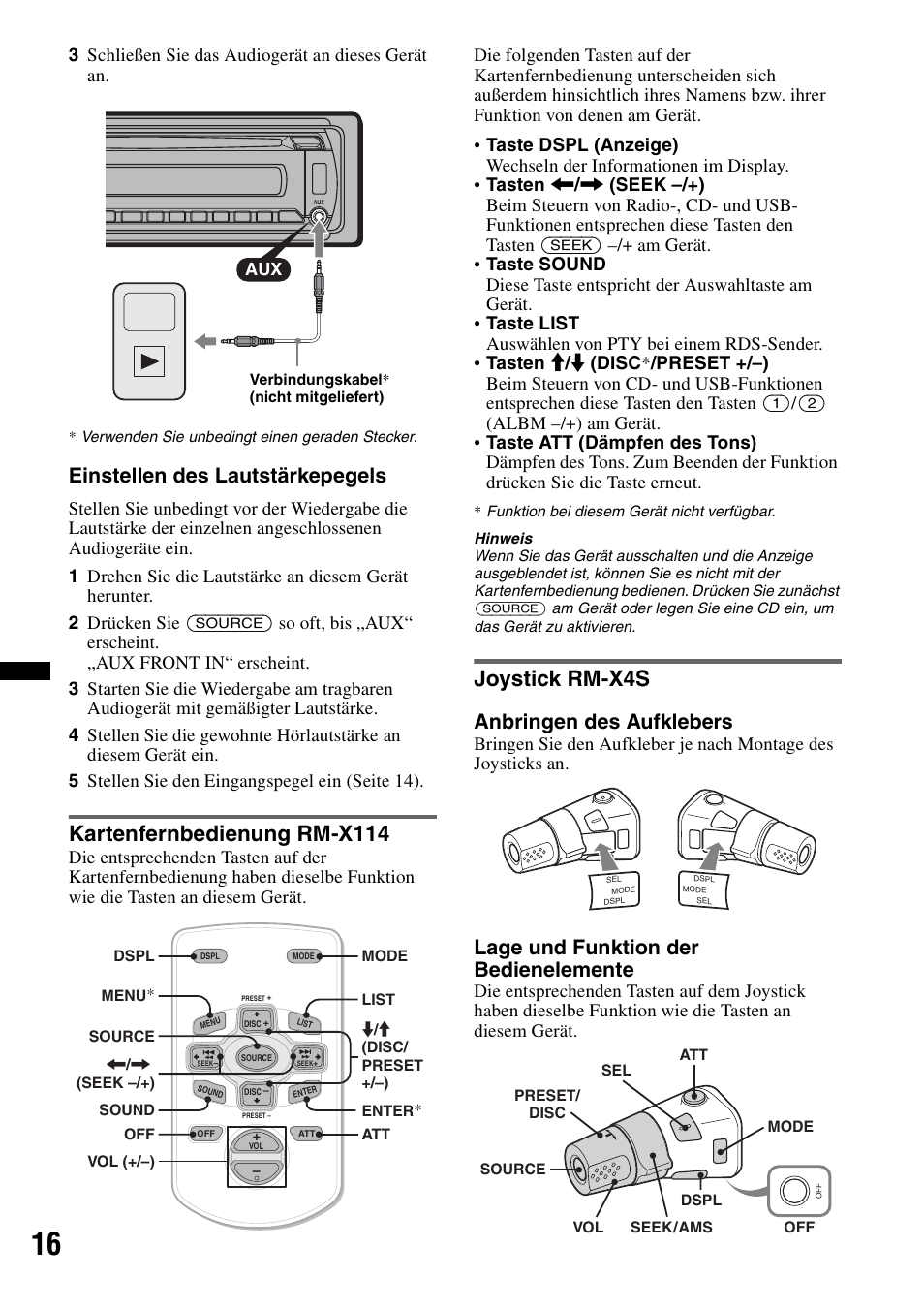 Kartenfernbedienung rm-x114, Joystick rm-x4s, Kartenfernbedienung rm-x114 joystick rm-x4s | Einstellen des lautstärkepegels, Anbringen des aufklebers, Lage und funktion der bedienelemente, 3 schließen sie das audiogerät an dieses gerät an | Sony CDX-GT434U User Manual | Page 36 / 112