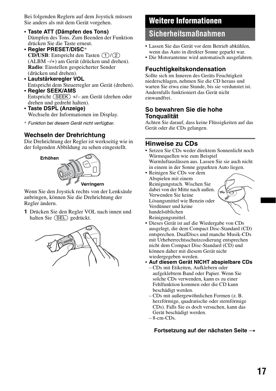 Weitere informationen, Sicherheitsmaßnahmen, Hinweise zu cds | Weitere informationen sicherheitsmaßnahmen | Sony CDX-GT434U User Manual | Page 37 / 112