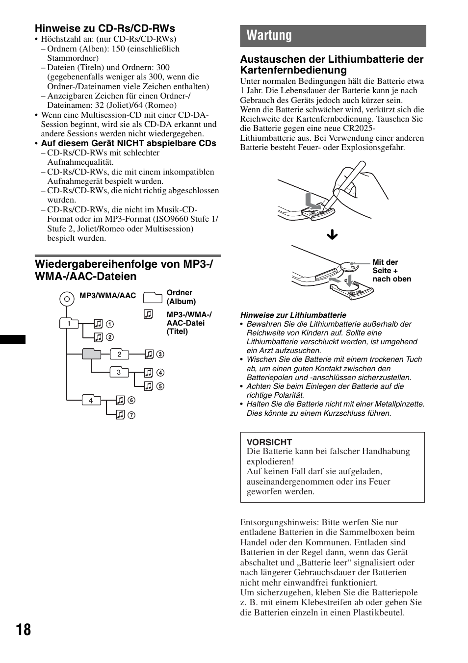 Wiedergabereihenfolge von mp3-/ wma-/aac-dateien, Wartung, Wiedergabereihenfolge von mp3-/wma-/ aac-dateien | Seite 18 | Sony CDX-GT434U User Manual | Page 38 / 112