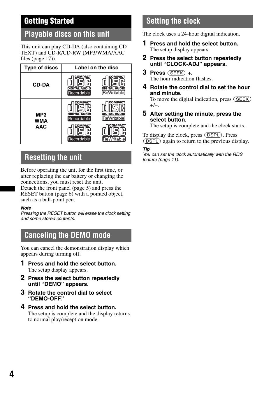 Getting started, Playable discs on this unit, Resetting the unit | Canceling the demo mode, Setting the clock, Getting started playable discs on this unit | Sony CDX-GT434U User Manual | Page 4 / 112