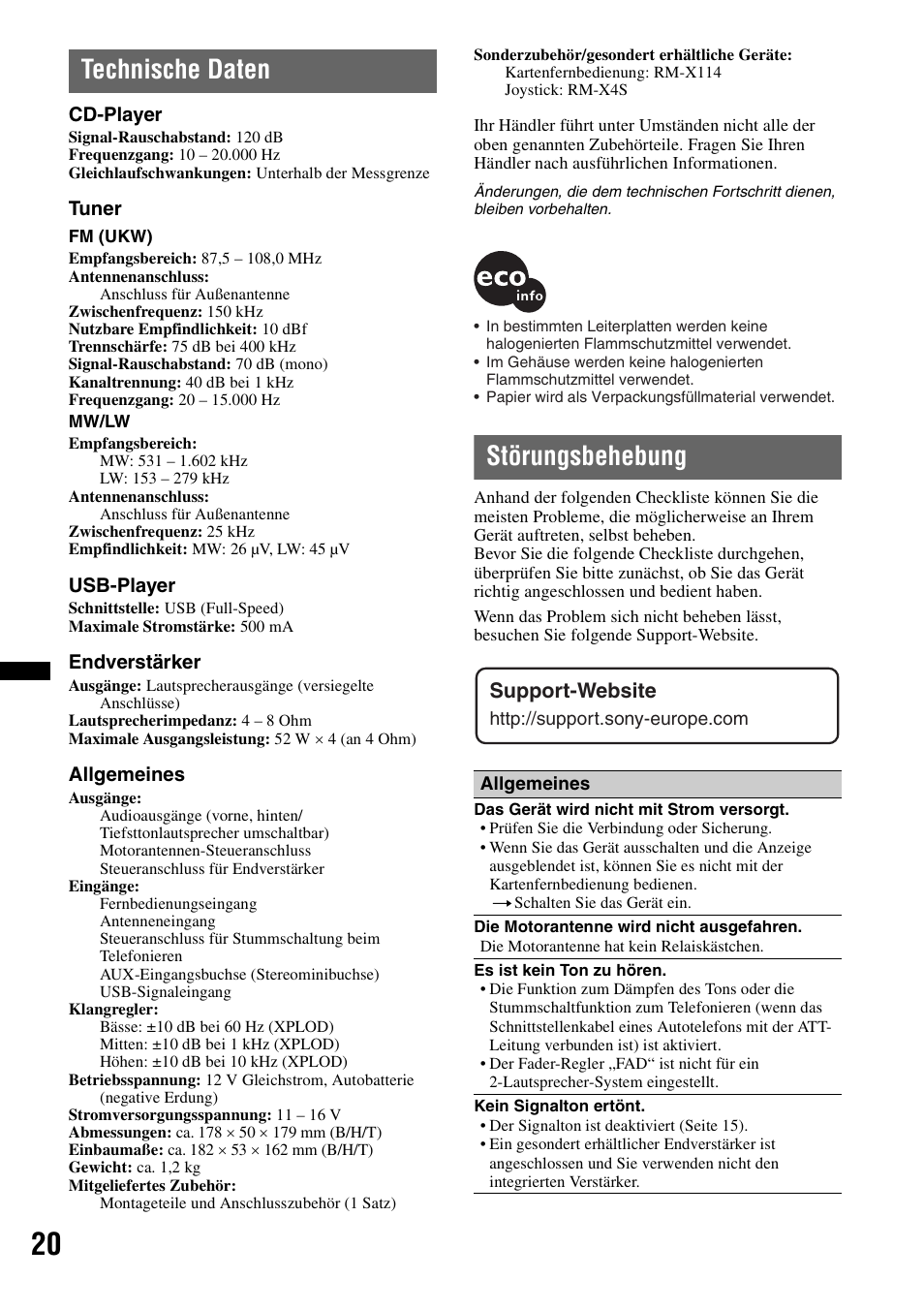 Technische daten, Störungsbehebung, Technische daten störungsbehebung | Support-website | Sony CDX-GT434U User Manual | Page 40 / 112