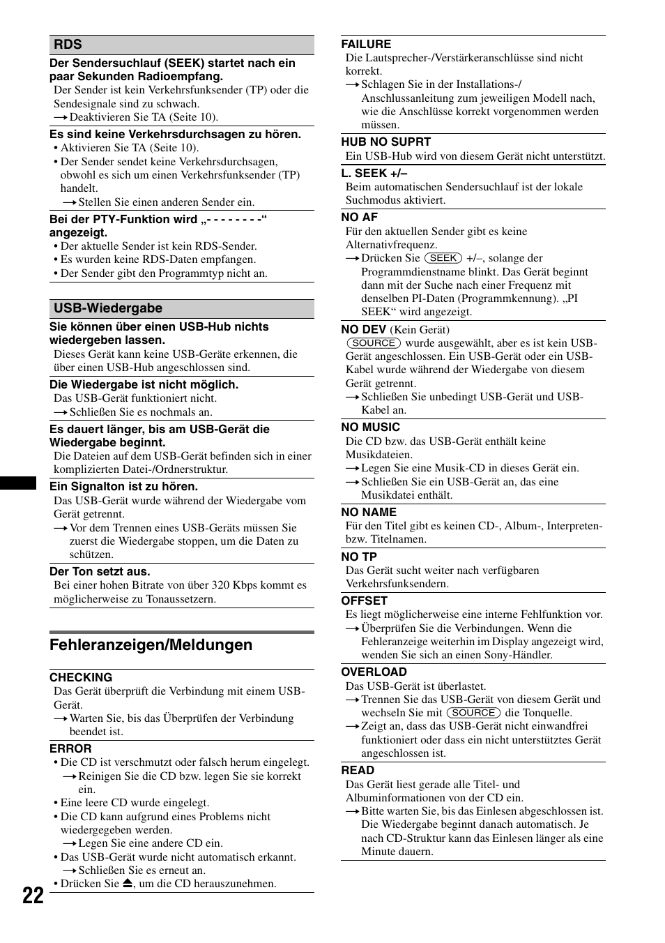 Fehleranzeigen/meldungen | Sony CDX-GT434U User Manual | Page 42 / 112