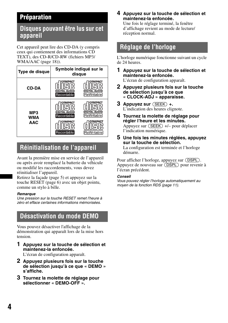 Préparation, Disques pouvant être lus sur cet appareil, Réinitialisation de l’appareil | Désactivation du mode demo, Réglage de l’horloge | Sony CDX-GT434U User Manual | Page 46 / 112