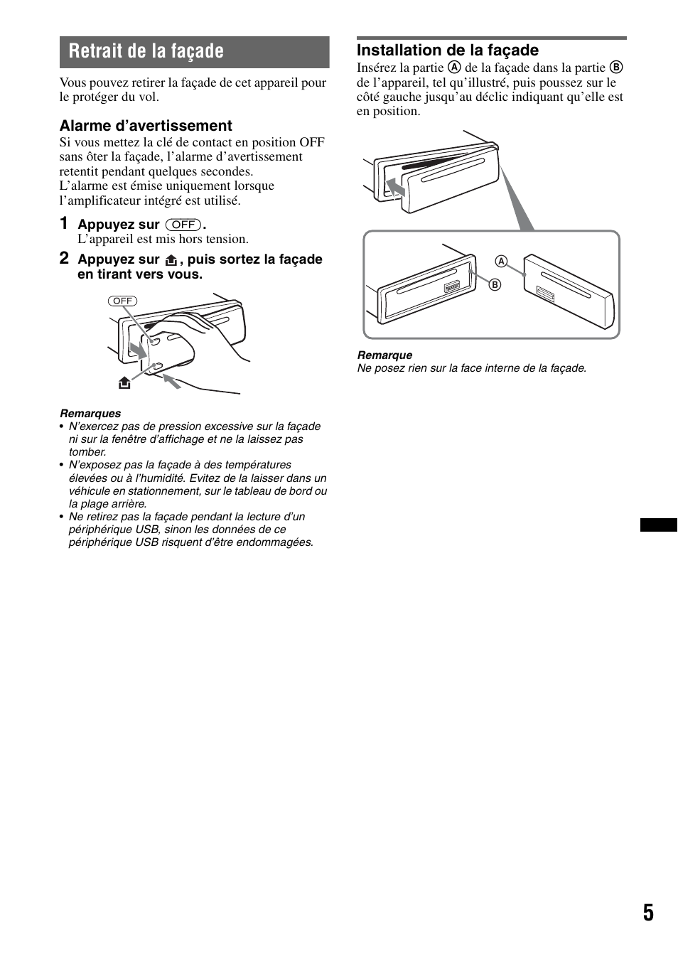 Retrait de la façade, Installation de la façade | Sony CDX-GT434U User Manual | Page 47 / 112