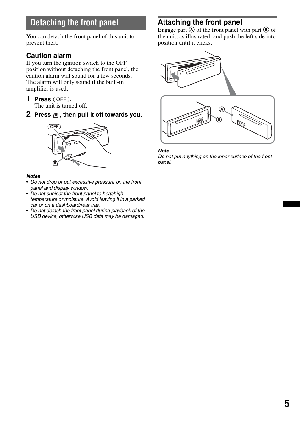 Detaching the front panel, Attaching the front panel | Sony CDX-GT434U User Manual | Page 5 / 112