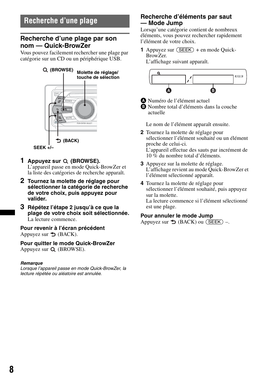 Recherche d’une plage, Recherche d’une plage par son nom - quick-browzer, Recherche d’une plage par son nom — quick-browzer | Sony CDX-GT434U User Manual | Page 50 / 112