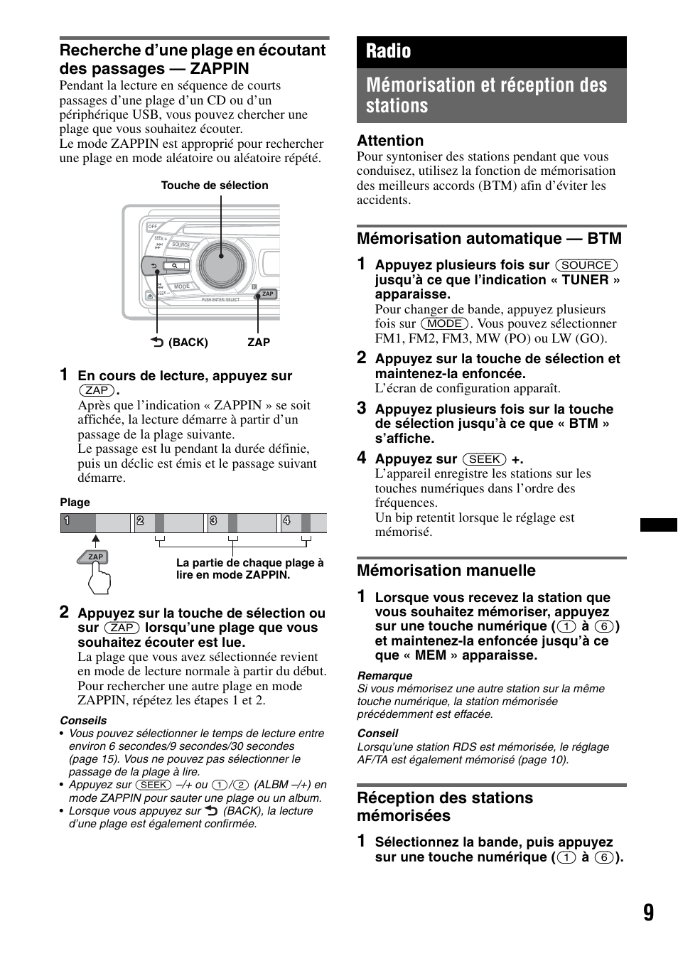 Radio, Mémorisation et réception des stations, Mémorisation automatique - btm | Mémorisation manuelle, Réception des stations mémorisées, Radio mémorisation et réception des stations, Mémorisation automatique — btm, Attention | Sony CDX-GT434U User Manual | Page 51 / 112