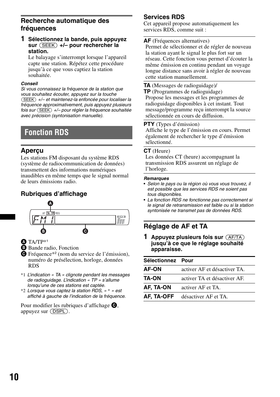 Recherche automatique des fréquences, Fonction rds, Aperçu | Réglage de af et ta, Aperçu réglage de af et ta | Sony CDX-GT434U User Manual | Page 52 / 112