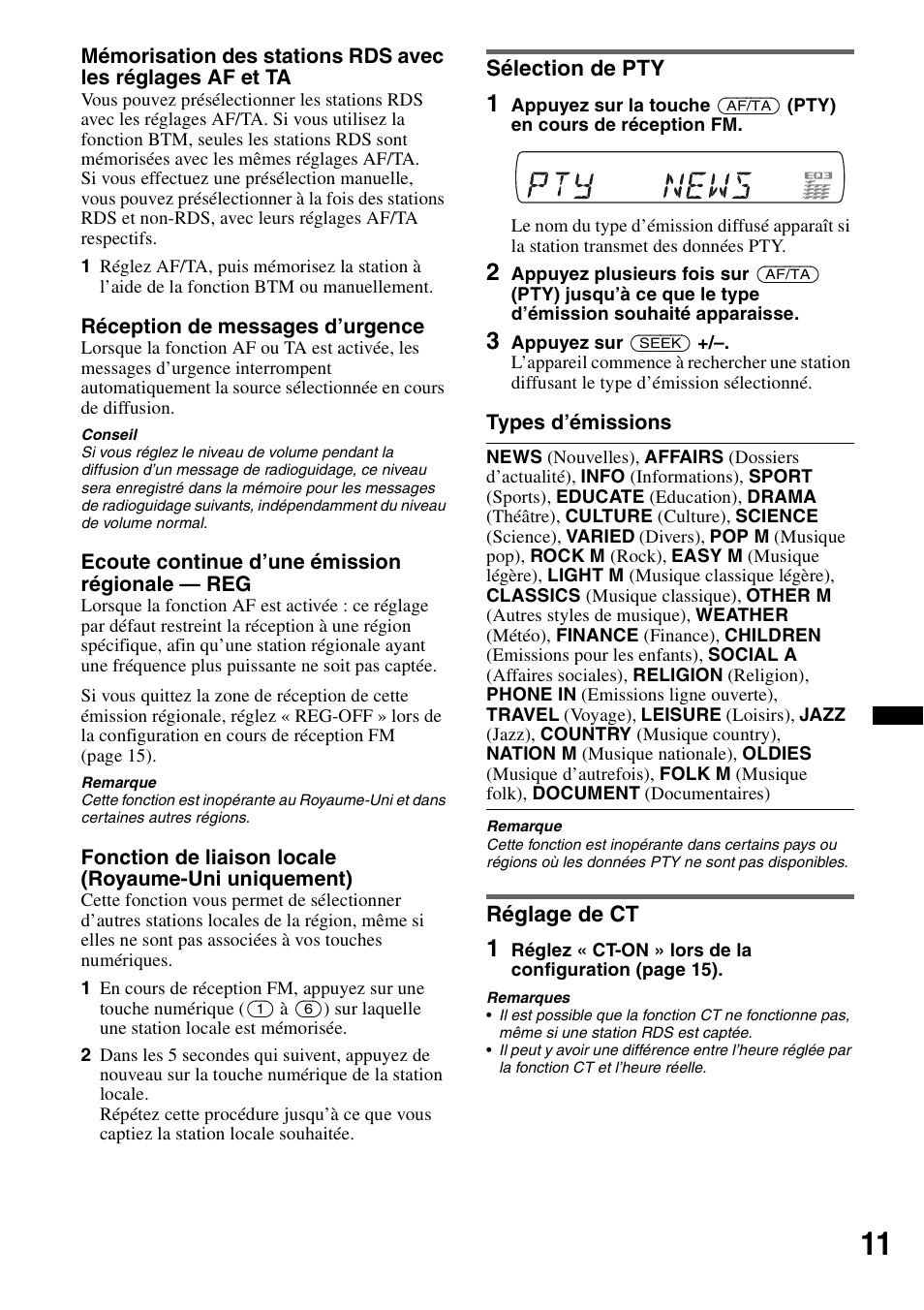 Sélection de pty, Réglage de ct, Sélection de pty réglage de ct | Sony CDX-GT434U User Manual | Page 53 / 112