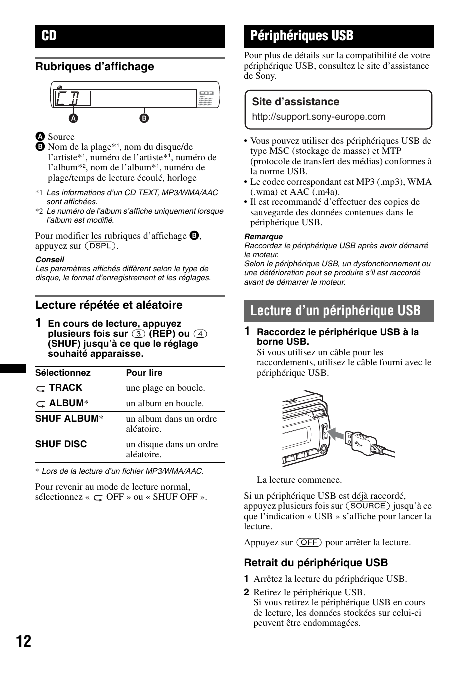 Rubriques d’affichage, Lecture répétée et aléatoire, Périphériques usb | Lecture d’un périphérique usb, Rubriques d’affichage lecture répétée et aléatoire | Sony CDX-GT434U User Manual | Page 54 / 112