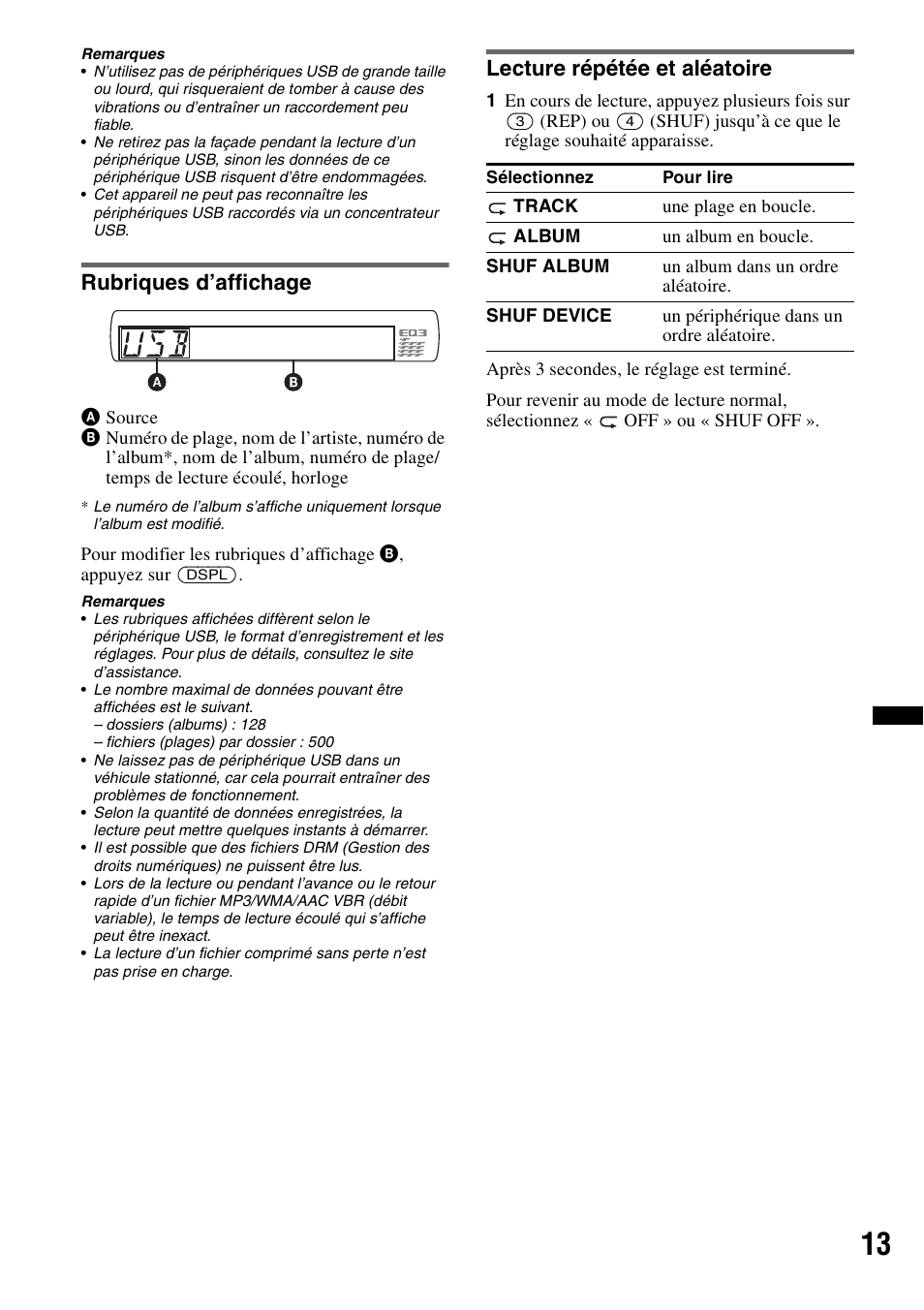 Rubriques d’affichage, Lecture répétée et aléatoire, Rubriques d’affichage lecture répétée et aléatoire | Sony CDX-GT434U User Manual | Page 55 / 112