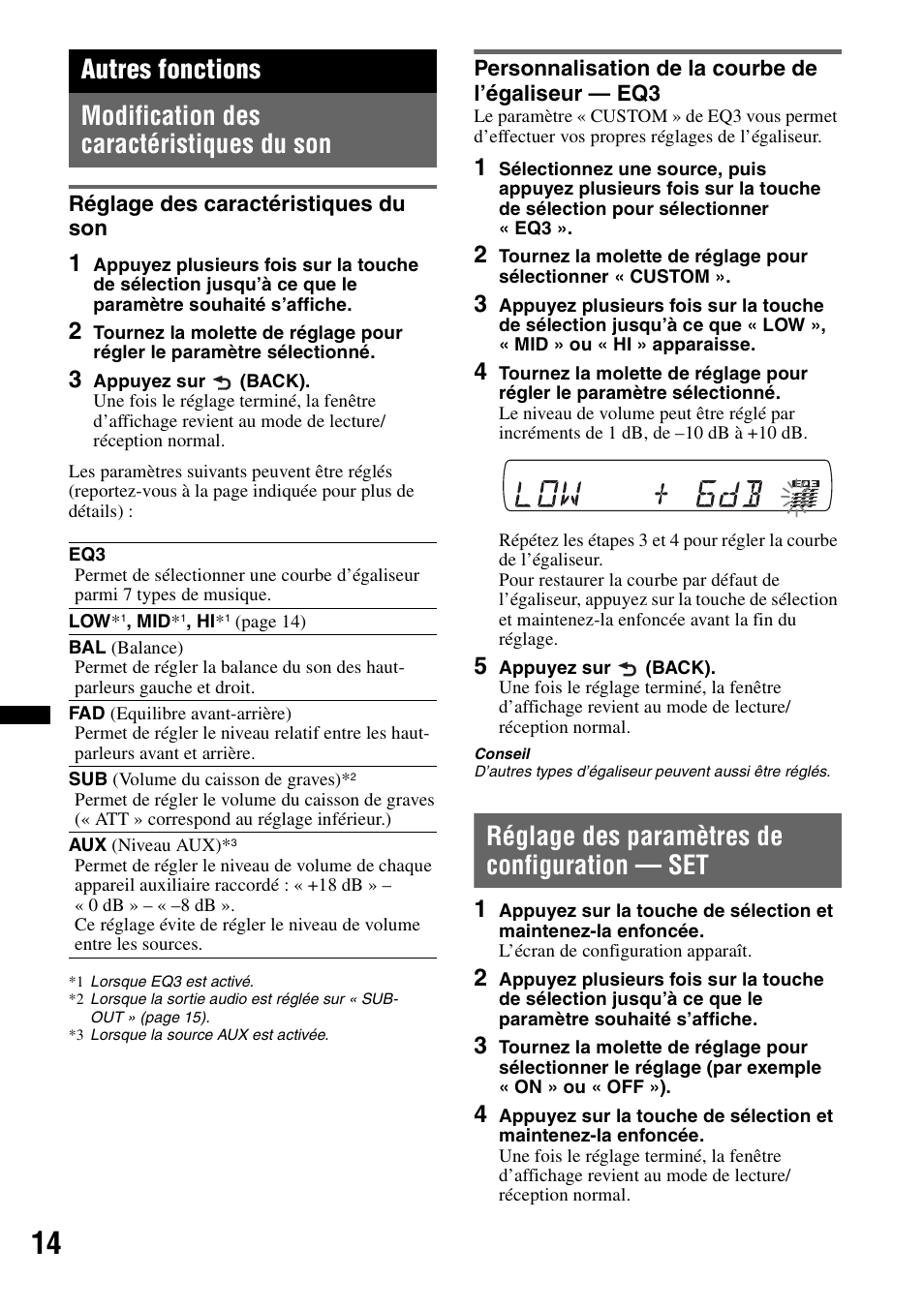 Autres fonctions, Modification des caractéristiques du son, Réglage des caractéristiques du son | Personnalisation de la courbe de l’égaliseur - eq3, Réglage des paramètres de configuration - set, Réglage des paramètres de configuration — set | Sony CDX-GT434U User Manual | Page 56 / 112