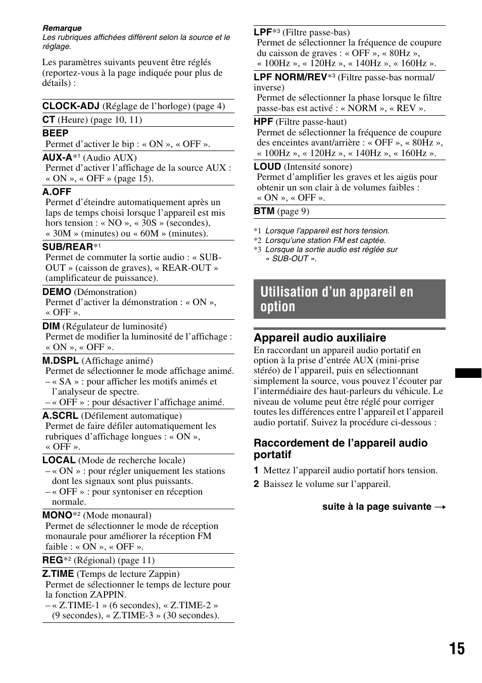 Utilisation d’un appareil en option, Appareil audio auxiliaire | Sony CDX-GT434U User Manual | Page 57 / 112