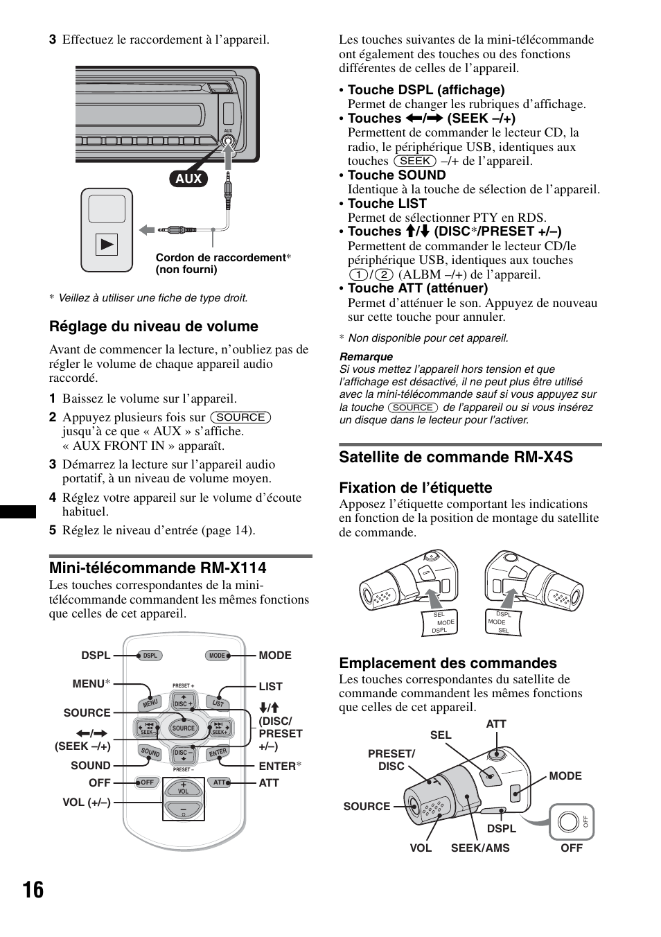 Mini-télécommande rm-x114, Satellite de commande rm-x4s, Réglage du niveau de volume | Fixation de l’étiquette, Emplacement des commandes, 3 effectuez le raccordement à l’appareil | Sony CDX-GT434U User Manual | Page 58 / 112