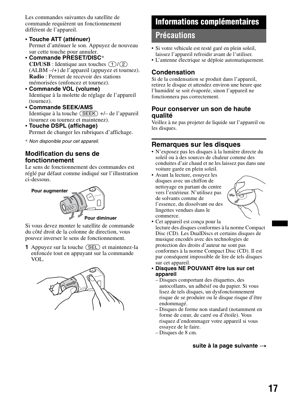 Informations complémentaires, Précautions, Remarques sur les disques | Informations complémentaires précautions | Sony CDX-GT434U User Manual | Page 59 / 112