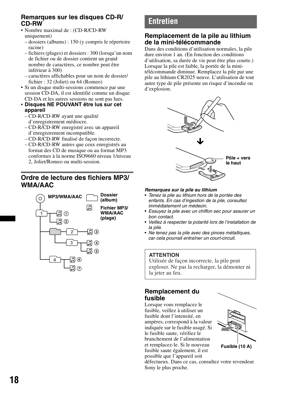 Ordre de lecture des fichiers mp3/ wma/aac, Entretien, Ordre de lecture des fichiers mp3/wma/aac | Sony CDX-GT434U User Manual | Page 60 / 112