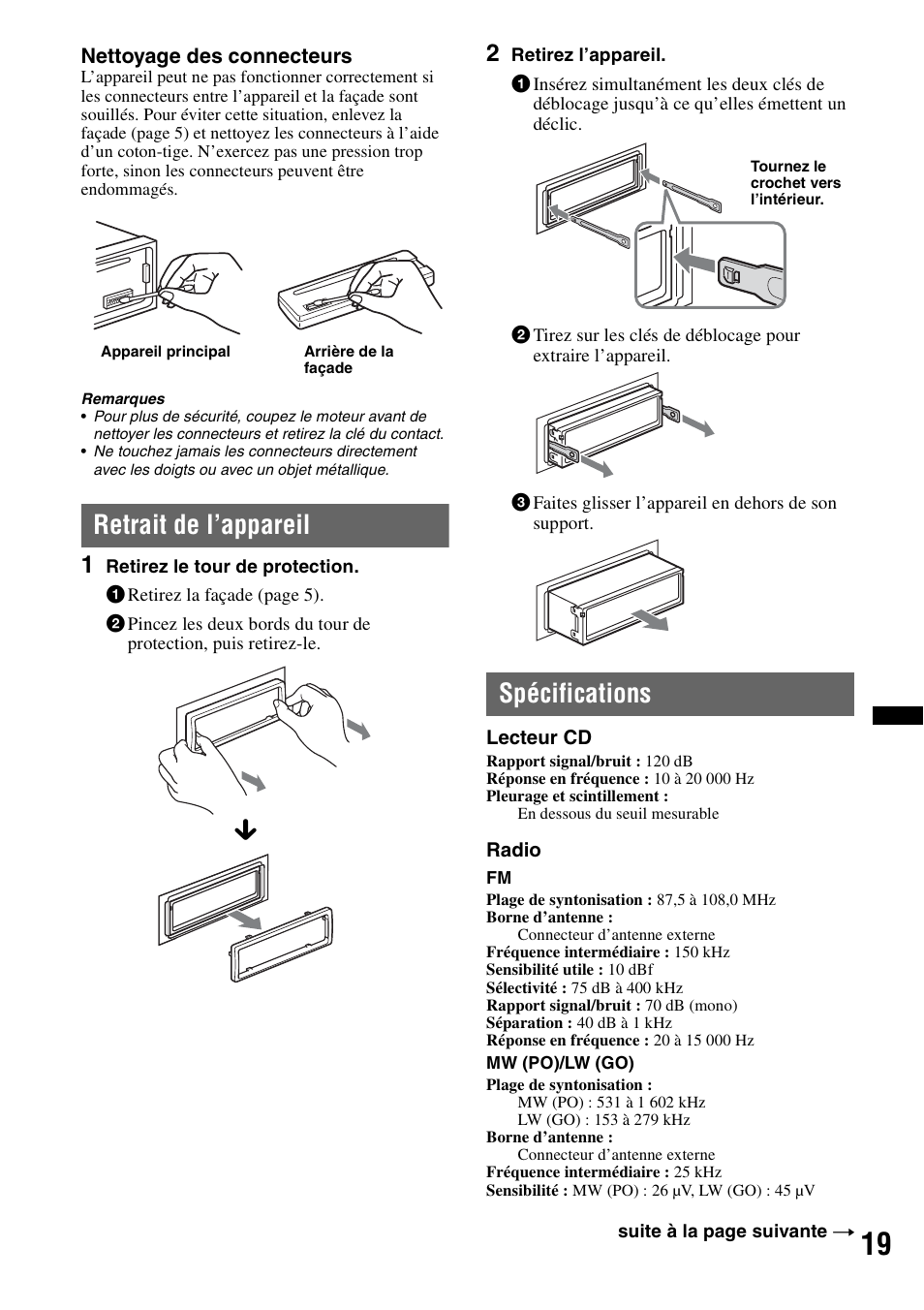 Retrait de l’appareil, Spécifications, Retrait de l’appareil spécifications | Sony CDX-GT434U User Manual | Page 61 / 112