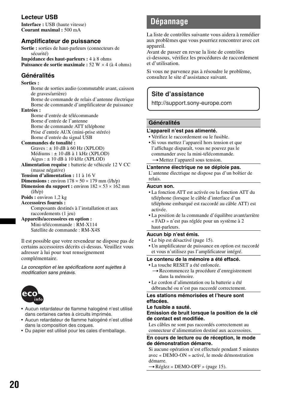 Dépannage, Site d’assistance | Sony CDX-GT434U User Manual | Page 62 / 112