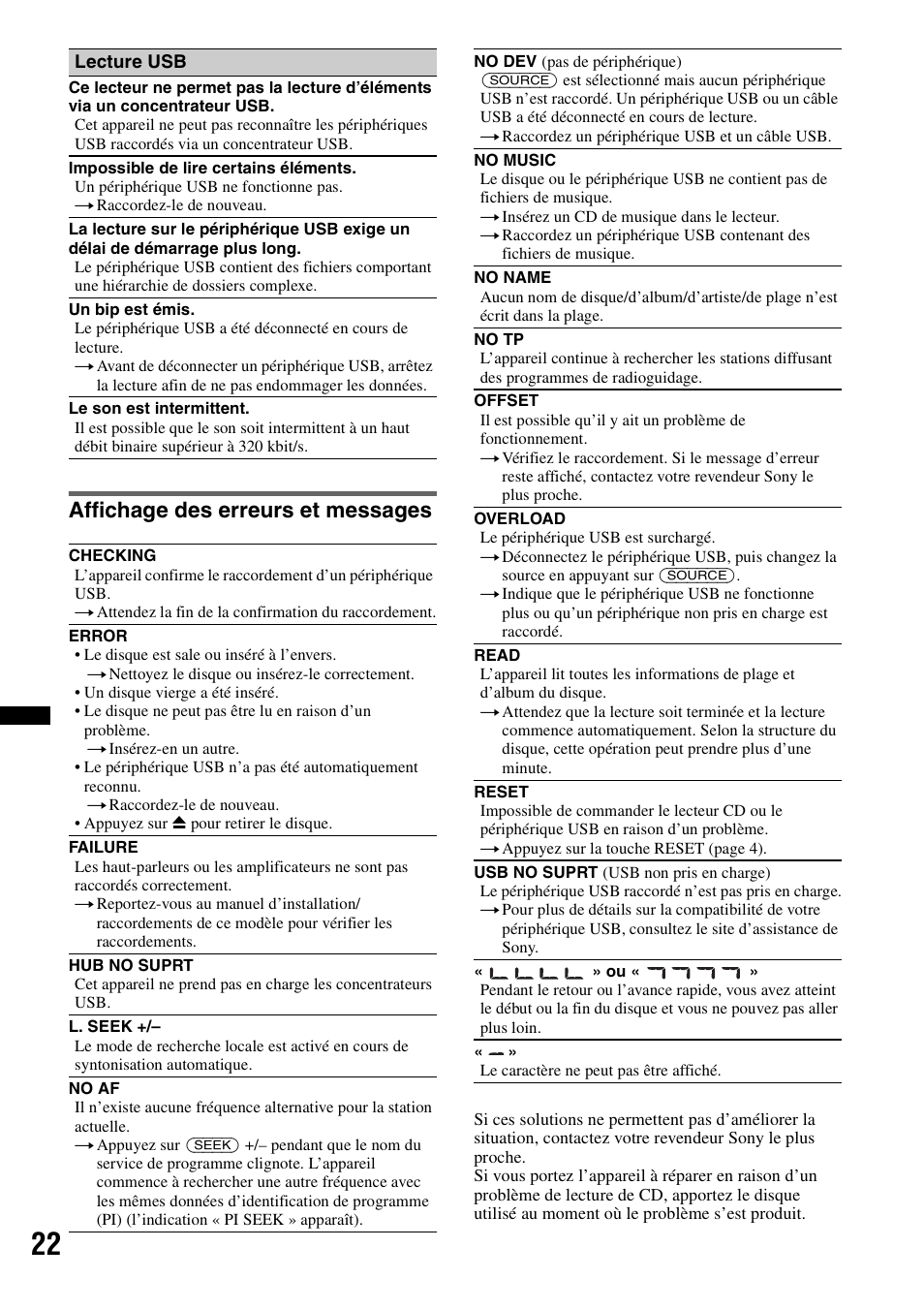 Affichage des erreurs et messages | Sony CDX-GT434U User Manual | Page 64 / 112