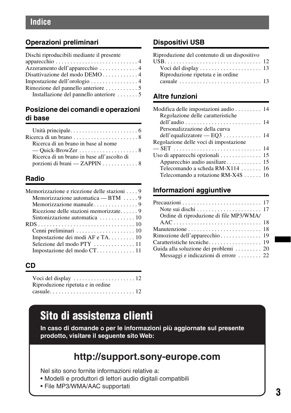 Sito di assistenza clienti, Indice | Sony CDX-GT434U User Manual | Page 67 / 112