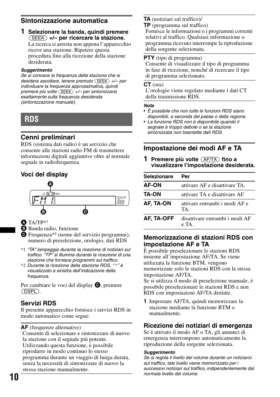 Sintonizzazione automatica, Cenni preliminari, Impostazione dei modi af e ta | Cenni preliminari impostazione dei modi af e ta | Sony CDX-GT434U User Manual | Page 74 / 112