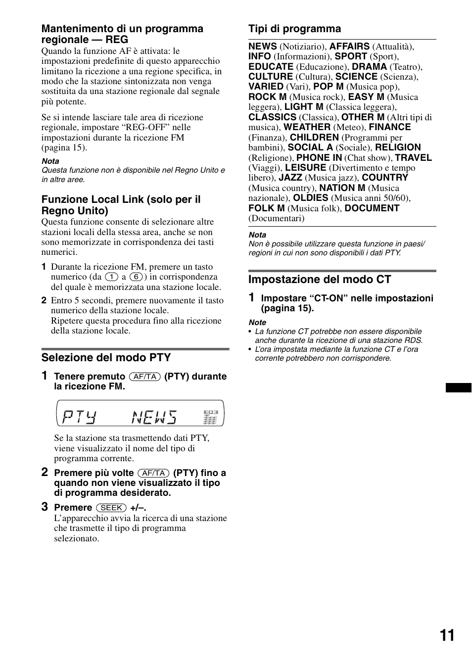 Selezione del modo pty, Impostazione del modo ct, Selezione del modo pty impostazione del modo ct | Sony CDX-GT434U User Manual | Page 75 / 112