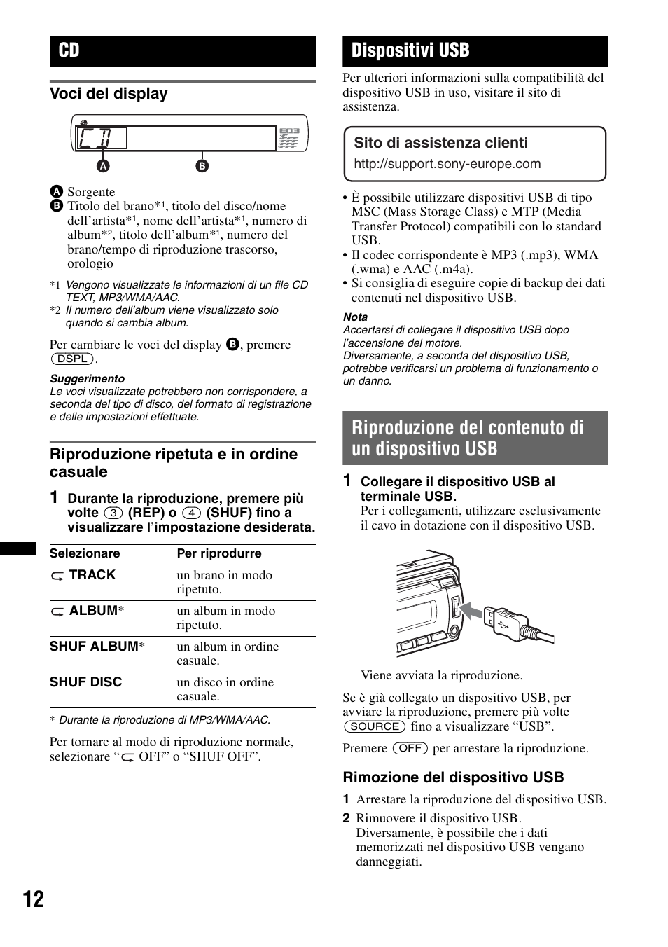 Voci del display, Riproduzione ripetuta e in ordine casuale, Dispositivi usb | Riproduzione del contenuto di un dispositivo usb | Sony CDX-GT434U User Manual | Page 76 / 112