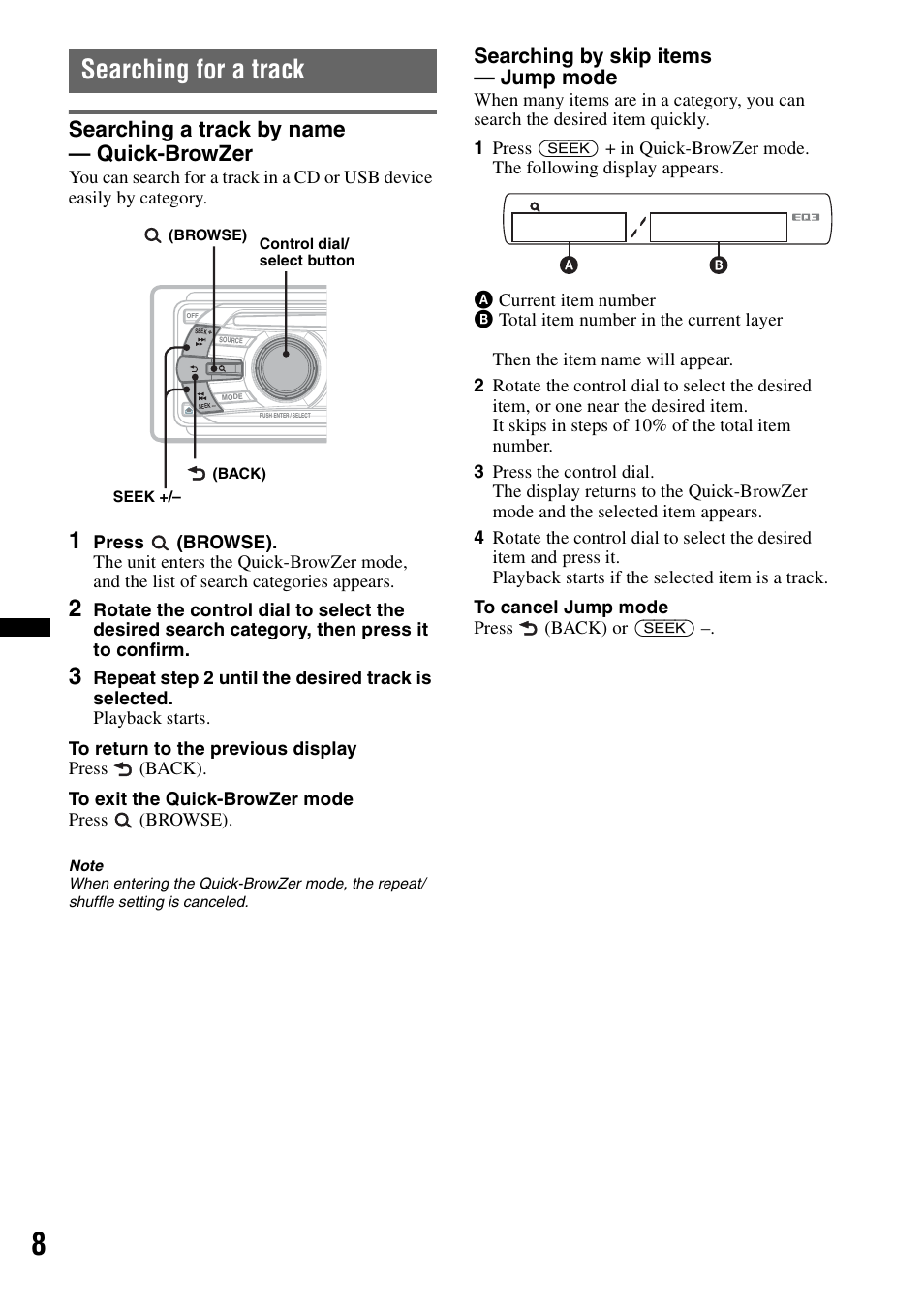 Searching for a track, Searching a track by name - quick-browzer, Searching a track by name — quick-browzer | Sony CDX-GT434U User Manual | Page 8 / 112