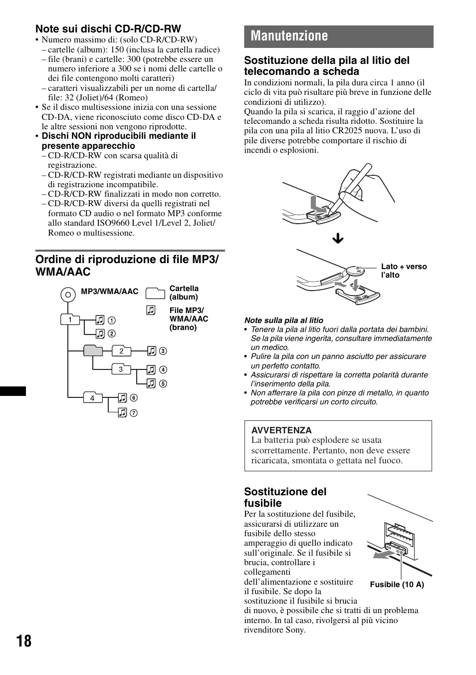 Ordine di riproduzione di file mp3/ wma/aac, Manutenzione, Ordine di riproduzione di file mp3/wma/ aac | Sony CDX-GT434U User Manual | Page 82 / 112