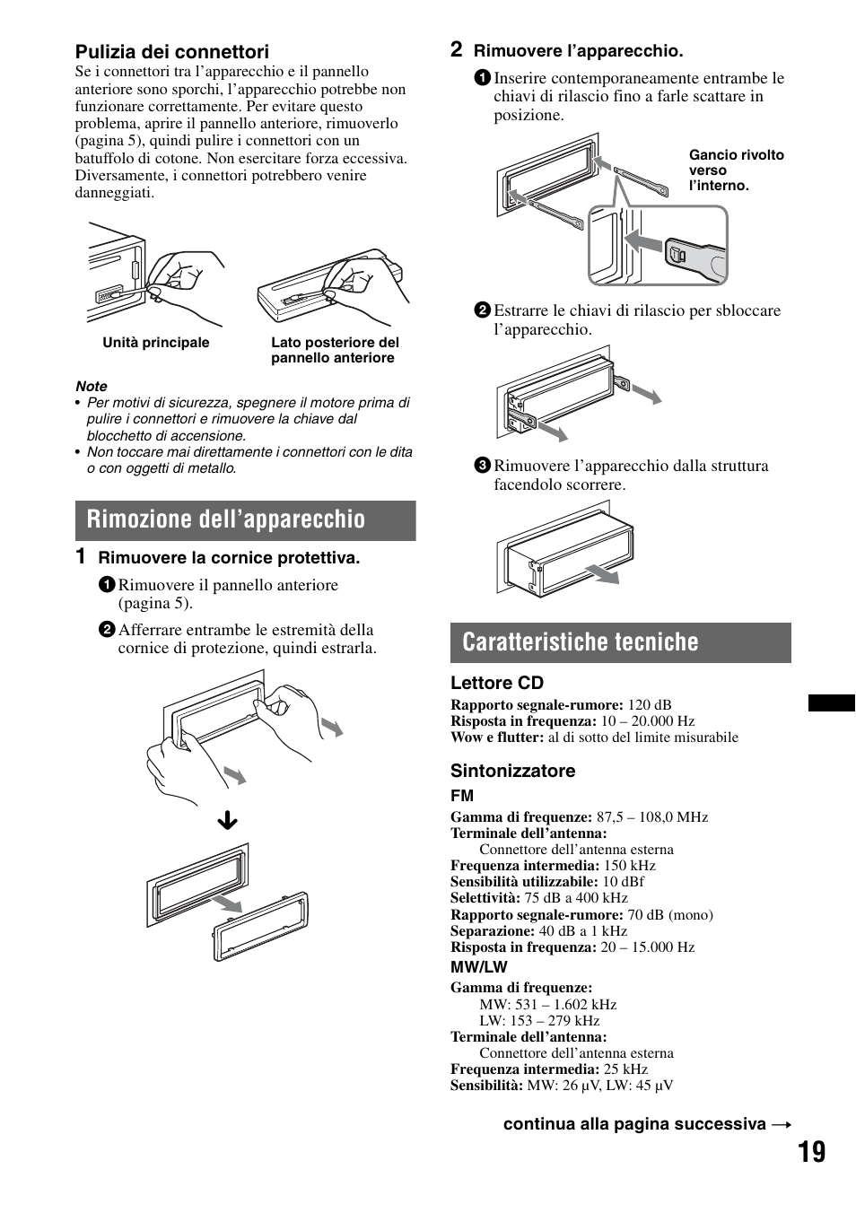 Rimozione dell’apparecchio, Caratteristiche tecniche | Sony CDX-GT434U User Manual | Page 83 / 112