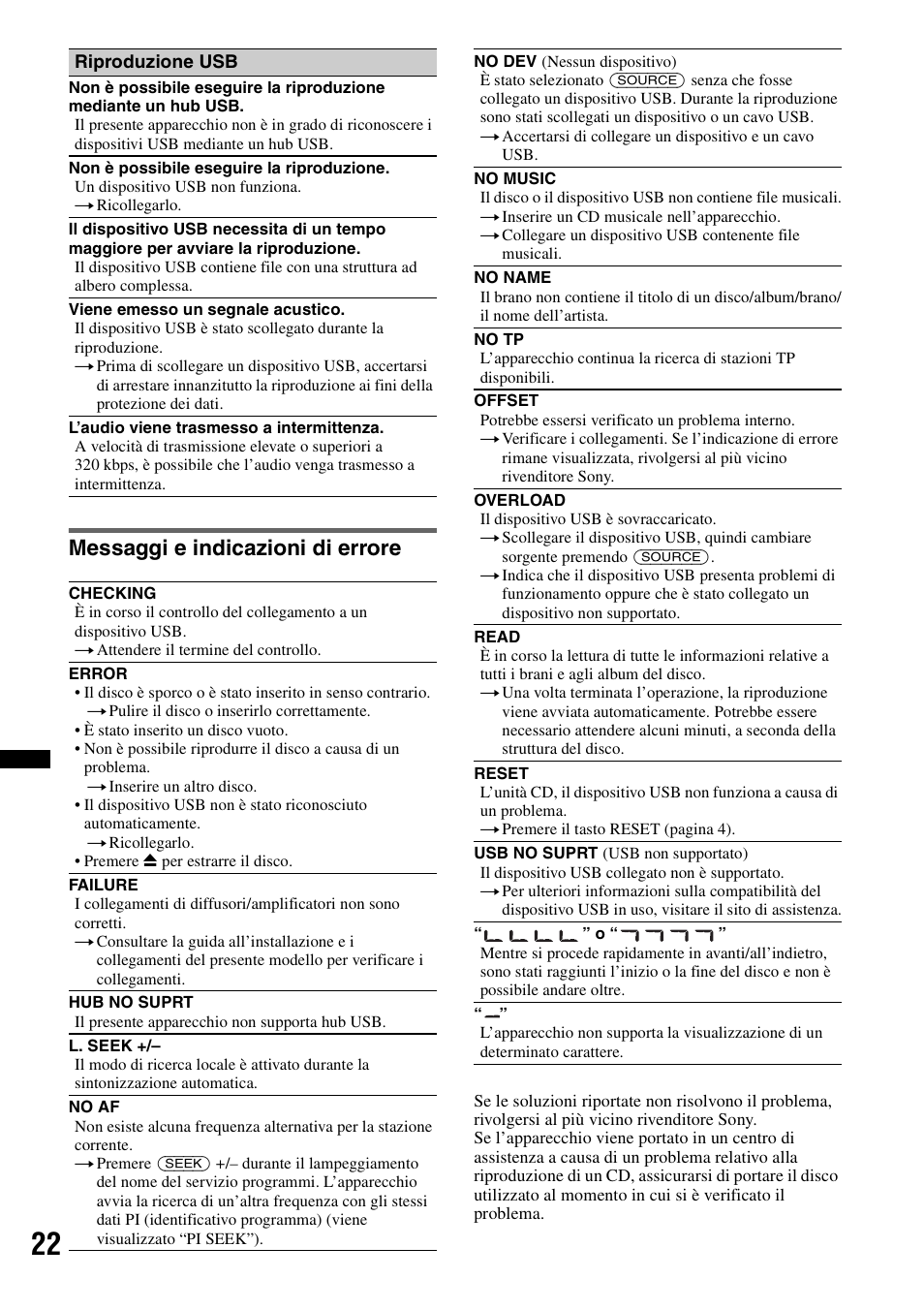 Messaggi e indicazioni di errore | Sony CDX-GT434U User Manual | Page 86 / 112