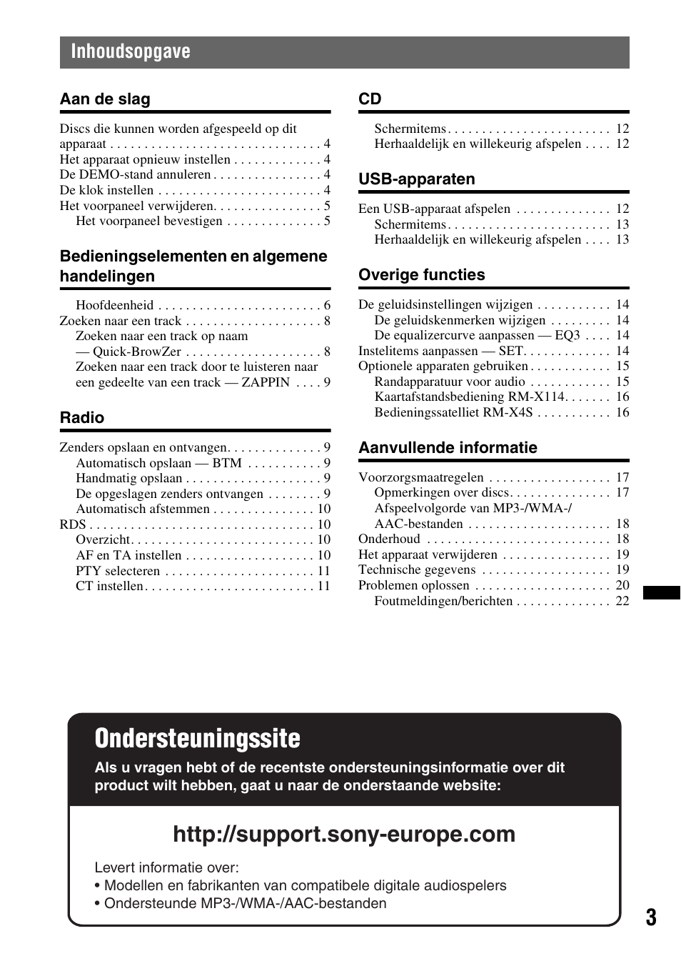 Ondersteuningssite, Inhoudsopgave | Sony CDX-GT434U User Manual | Page 89 / 112