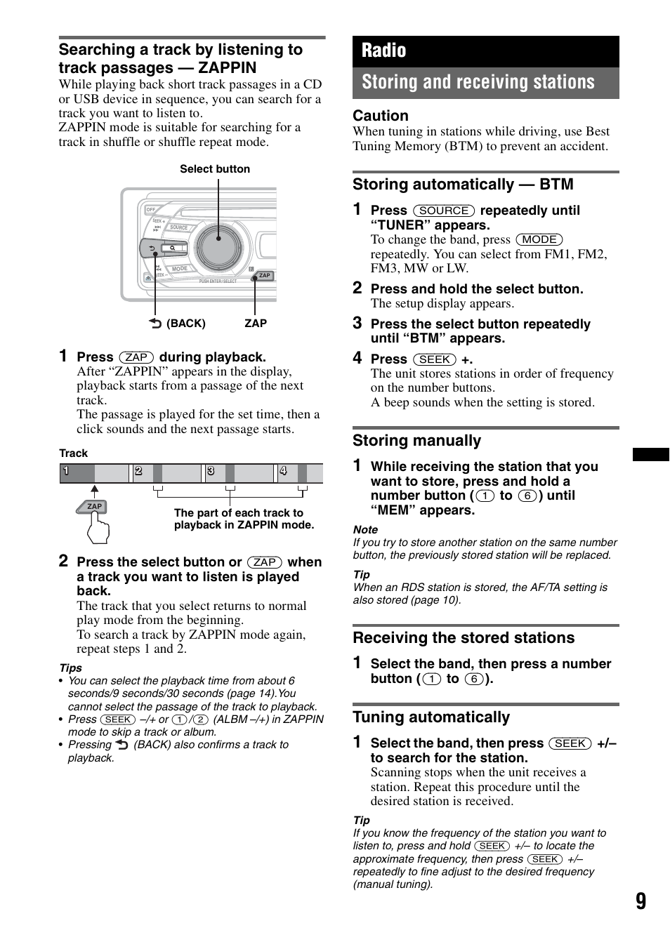 Radio, Storing and receiving stations, Storing automatically - btm | Storing manually, Receiving the stored stations, Tuning automatically, Radio storing and receiving stations, Storing automatically — btm, Caution | Sony CDX-GT434U User Manual | Page 9 / 112