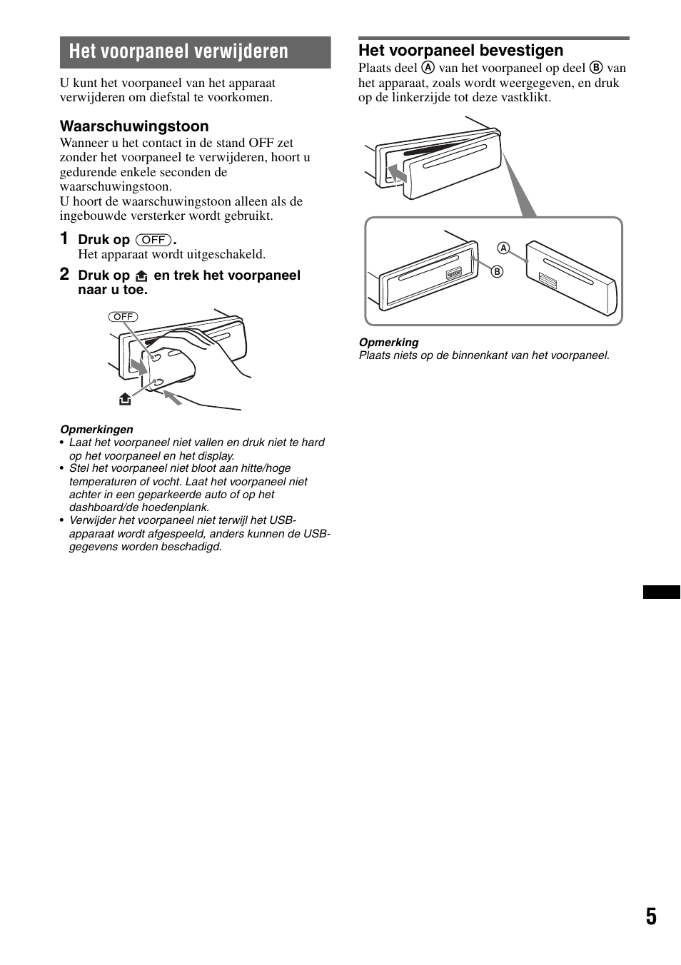 Het voorpaneel verwijderen, Het voorpaneel bevestigen | Sony CDX-GT434U User Manual | Page 91 / 112