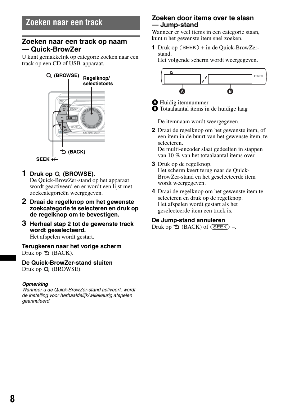 Zoeken naar een track, Zoeken naar een track op naam - quick-browzer, Zoeken naar een track op naam — quick-browzer | Sony CDX-GT434U User Manual | Page 94 / 112