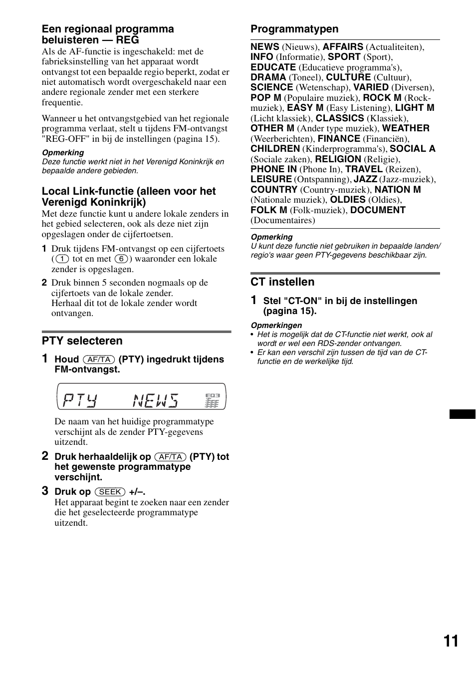 Pty selecteren, Ct instellen, Pty selecteren ct instellen | Sony CDX-GT434U User Manual | Page 97 / 112