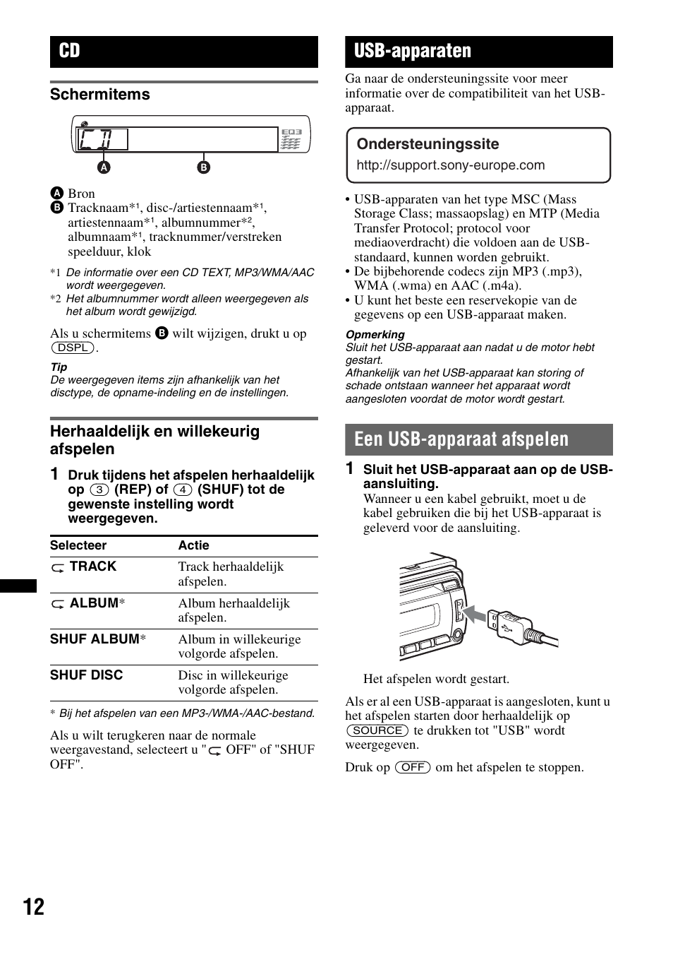 Schermitems, Herhaaldelijk en willekeurig afspelen, Usb-apparaten | Een usb-apparaat afspelen, Schermitems herhaaldelijk en willekeurig afspelen | Sony CDX-GT434U User Manual | Page 98 / 112