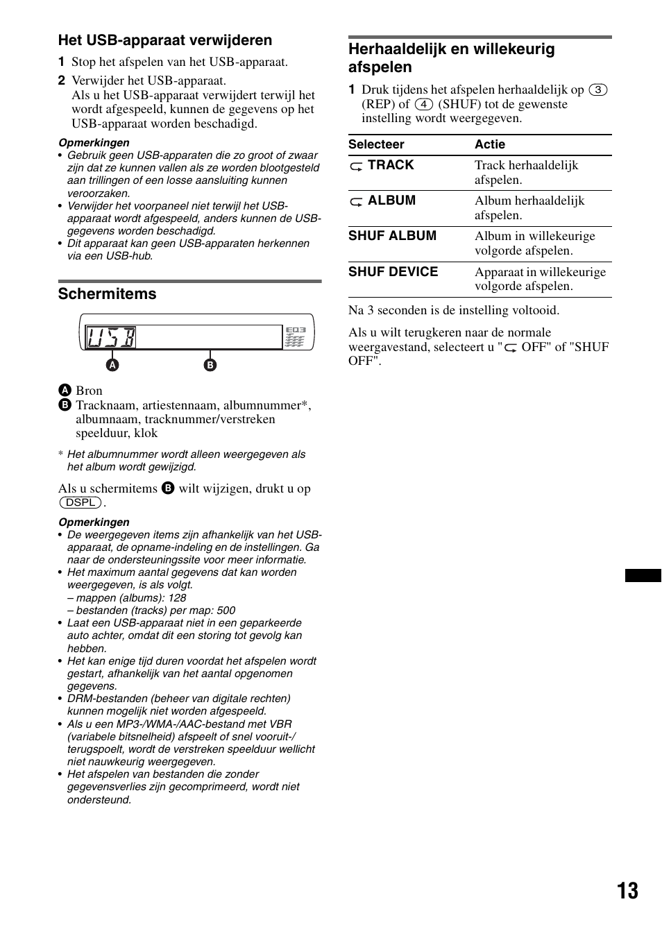 Schermitems, Herhaaldelijk en willekeurig afspelen, Schermitems herhaaldelijk en willekeurig afspelen | Sony CDX-GT434U User Manual | Page 99 / 112