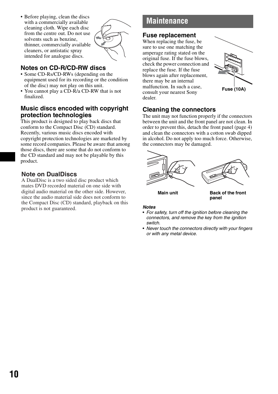 Maintenance | Sony CDX-GT100 User Manual | Page 10 / 72