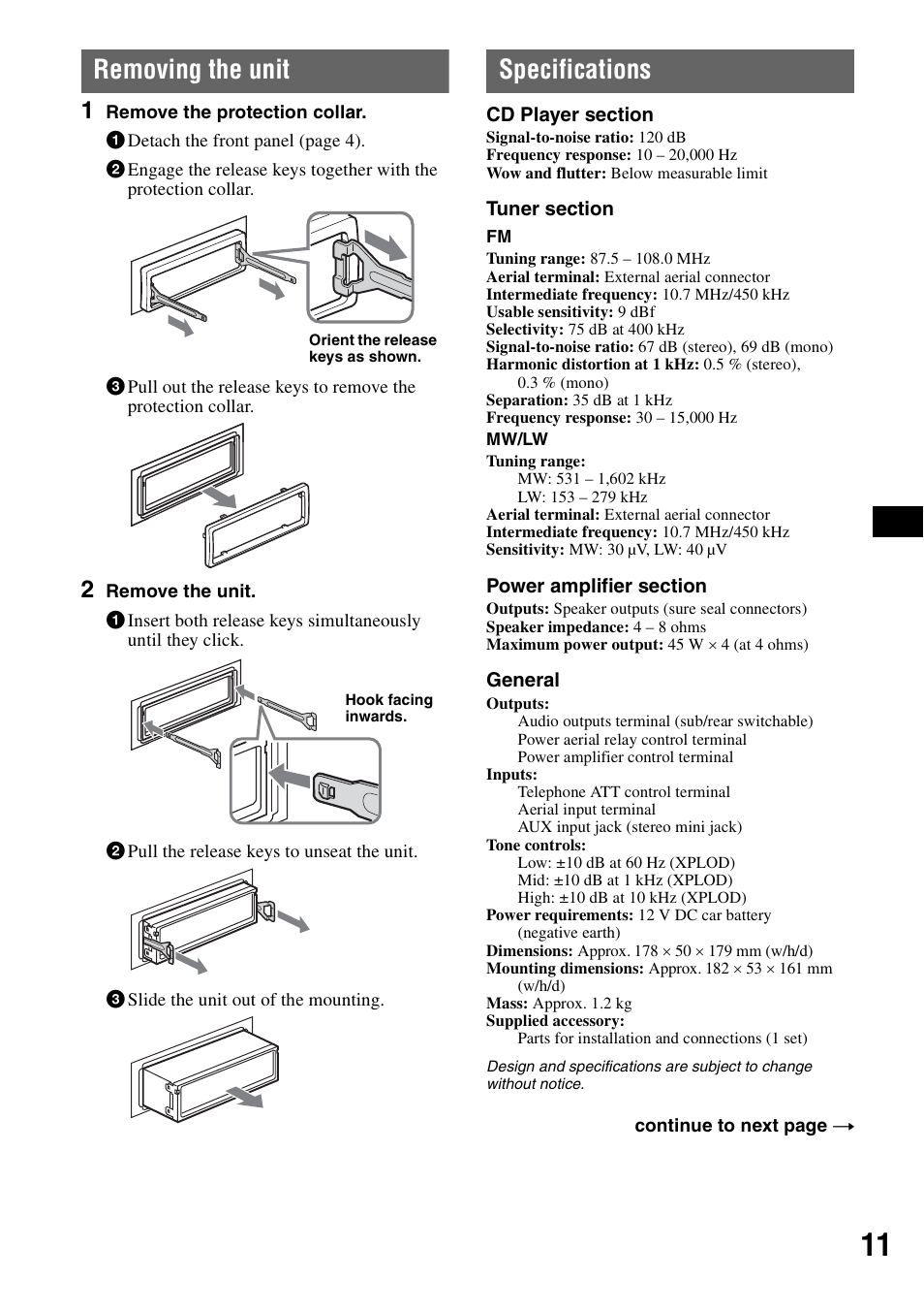 Removing the unit, Specifications, Removing the unit specifications | Sony CDX-GT100 User Manual | Page 11 / 72