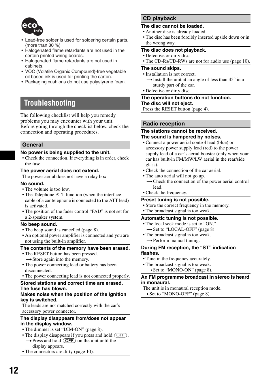 Troubleshooting | Sony CDX-GT100 User Manual | Page 12 / 72