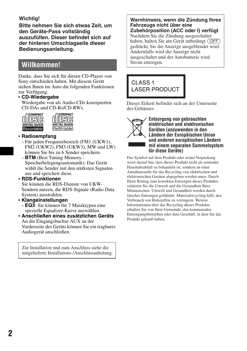 Willkommen | Sony CDX-GT100 User Manual | Page 14 / 72