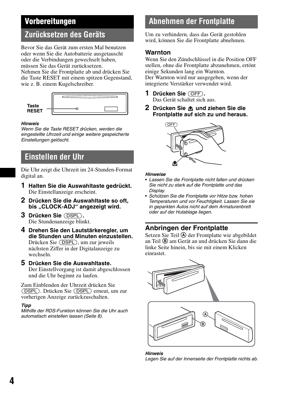 Vorbereitungen, Zurücksetzen des geräts, Einstellen der uhr | Abnehmen der frontplatte, Anbringen der frontplatte, Vorbereitungen zurücksetzen des geräts | Sony CDX-GT100 User Manual | Page 16 / 72