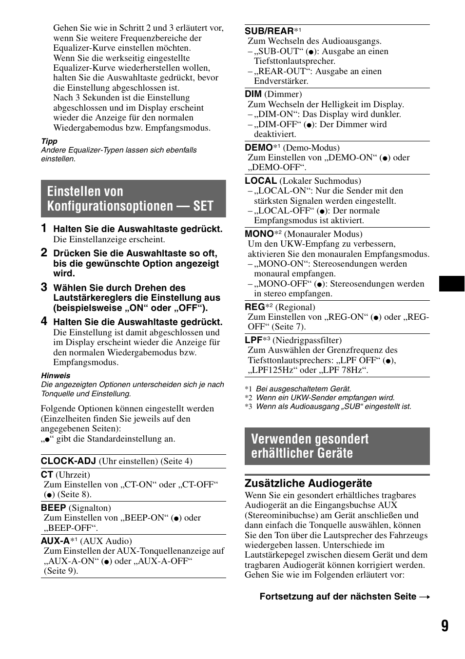 Einstellen von konfigurationsoptionen - set, Verwenden gesondert erhältlicher geräte, Zusätzliche audiogeräte | Seite 9 n, Einstellen von konfigurationsoptionen, Set verwenden gesondert erhältlicher geräte, Seite 9), T (seite 9), Einstellen von konfigurationsoptionen — set | Sony CDX-GT100 User Manual | Page 21 / 72