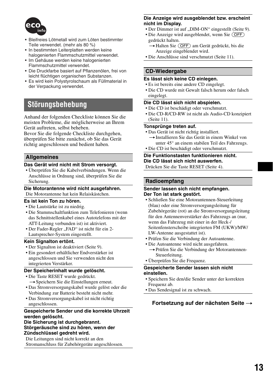 Störungsbehebung | Sony CDX-GT100 User Manual | Page 25 / 72